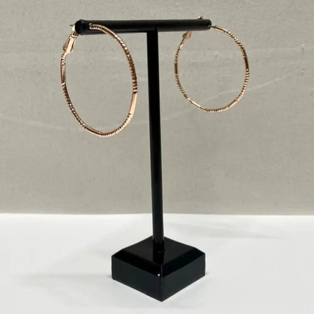 Hoop Earrings Round Elegant Detailed Rose Gold Tone 1 1/2